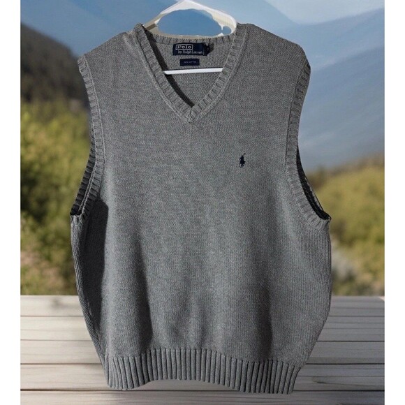 Y2k Polo Ralph Lauren Sweater Vest Mens L Gray Navy Grandpa Golf Rugby Grunge - Picture 1 of 5